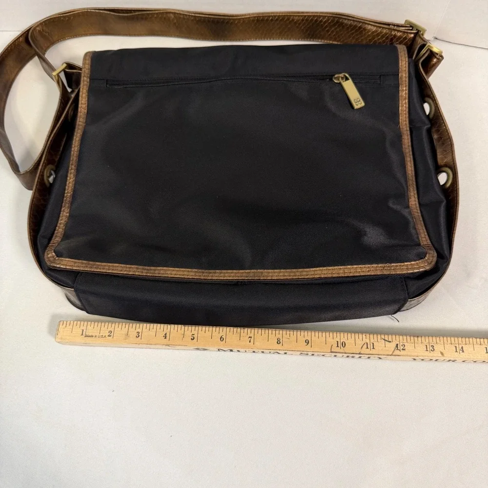 Y2K Messenger Bag Black Bronze Nylon Faux Croc Trim Grommet Detail Naturalizer